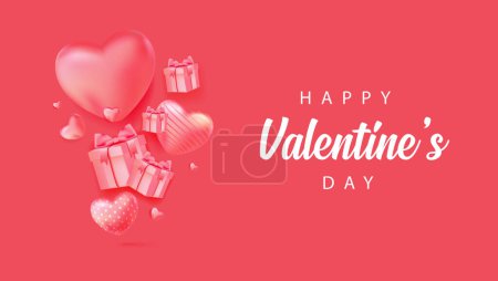 Photo for Happy Valentine's Day with calligraphy text. Horizontal banner for the website. Romantic background with realistic design elements, gift box, metal hearts, balloons in the shape of heart, strewn with - Royalty Free Image