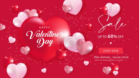 Illustration for Happy Valentine's Day Sale Poster or banner with symbol of heart and valentine elements on pink background. Promotion and shopping template for love and Valentine's day concept - Royalty Free Image