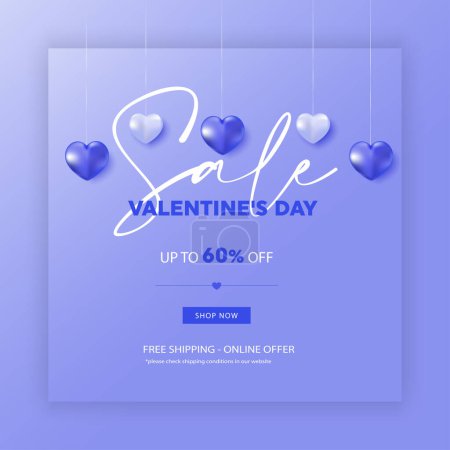 Illustration for Happy Valentine's Day Sale Poster or banner with symbol of heart and valentine elements on blue background. Promotion and shopping template for love and Valentine's day concept - Royalty Free Image