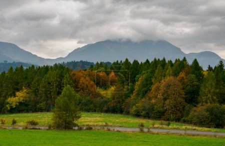 Autumn Mountain Landscape. View of the Tatra National Park. In the foreground autumn trees. Zilina Region. Bobrovnik. Slovakia.