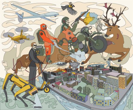 Illustration for An illustration symbolizing modern horsemen of the apocalypse - modernity, unpredictability, VUCA worldAn illustration to describe the present time, which cannot be predicted. Metaphor of war, instability, military operations, virus, COVID - Royalty Free Image