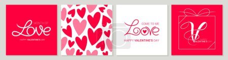Téléchargez les illustrations : Happy Valentine's Day Trendy Greeting Cards. Red Background Abstract Square Art Templates. Seamless Hand Drawn Hearts Textures. Great for Printing Cards, Social Media Posts, etc. - en licence libre de droit