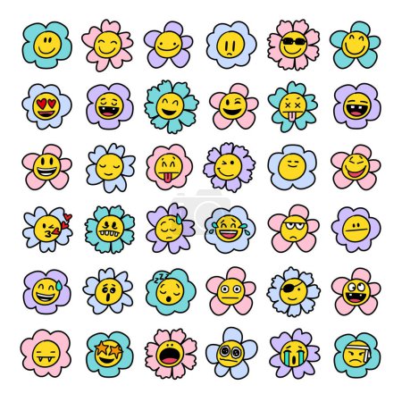 Illustration for Cartoon daisy flowers. Flower retro face, smile happy chamomile characters. Cute kids floral plant emotion. Trendy white petal, spring orange faces - Royalty Free Image