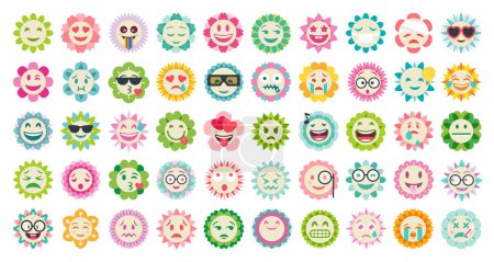 Groovy Blume Zeichentrickfiguren. Lustige glückliche Gänseblümchen mit Augen und Lächeln. Stickerpack im trendigen Retro-Trippy-Stil. Isolierte Vektorillustration