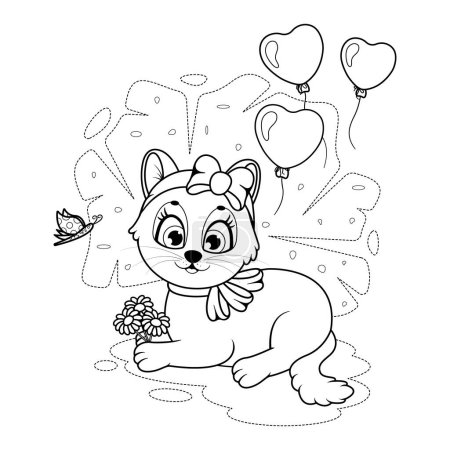 Coloring page. Cute cartoon kitten with flowers, balloons and a butterfly