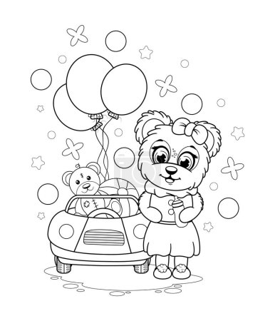 Illustration for Coloring page. Teddy bear with baby bottle, toy, ball, car and balloons - Royalty Free Image
