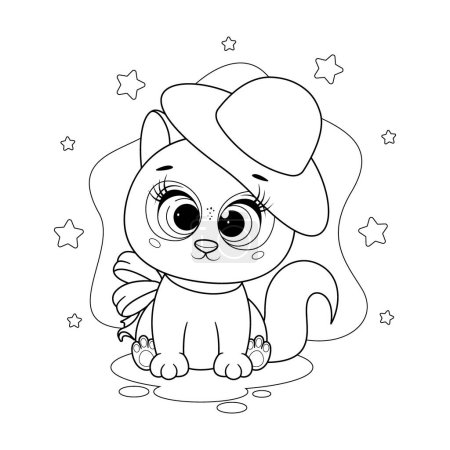 Illustration for Coloring page. Cute stylish kitty with big hat and bow - Royalty Free Image