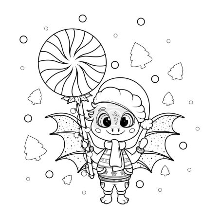 Coloring page. Christmas Cartoon Dragon with a Christmas Candy