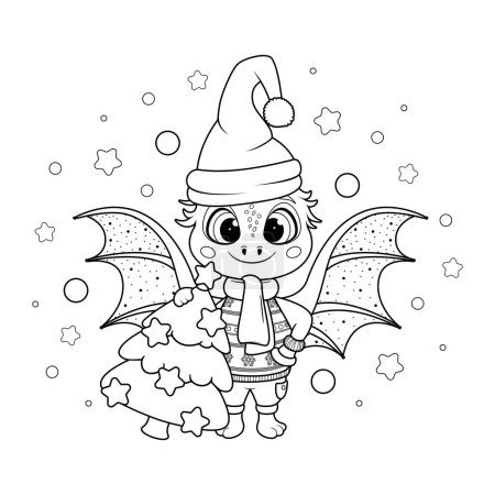 Coloring page. Christmas Cartoon Dragon with Decorated Christmas Tree