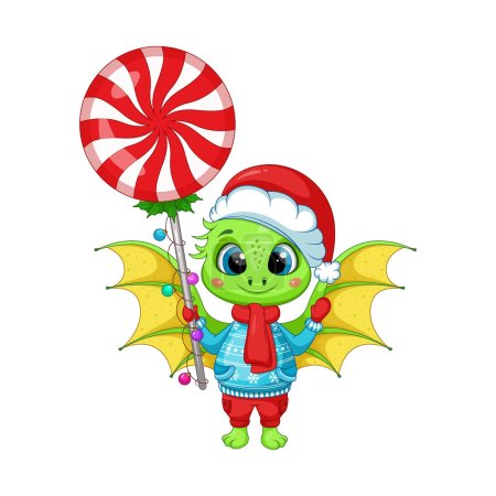Christmas Cartoon Green Dragon with a Christmas Candy