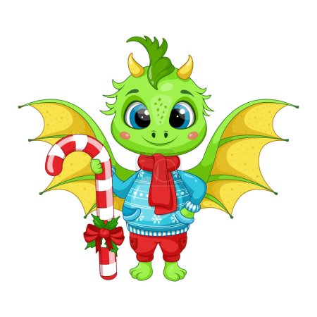 Ilustración de Cane de caramelo de Navidad rayado y dragón de dibujos animados verde festivo - Imagen libre de derechos