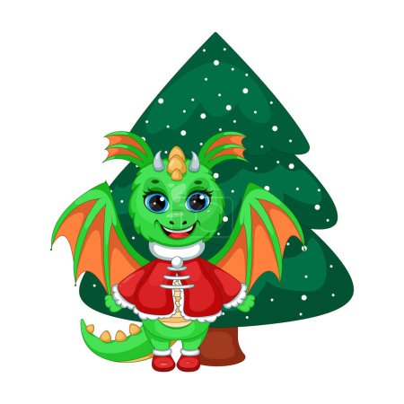 Cartoon green Dragon with Christmas tree