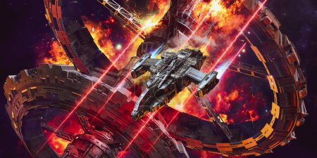 Sci-fi spaceship in outer space flying past a space station under attack in orbit, with a massive explosion and laser attack.