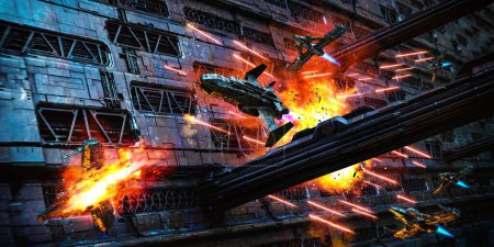 Sci-Fi Space battle spaceships and explosions in a dogfight pursuit in futuristic environment.