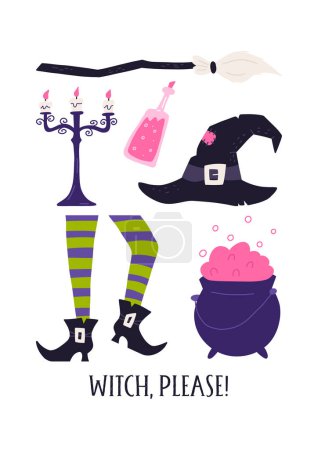 Witch elements and attributes - broomstick, hat, cauldron and potion bottle - flat vector illustration. Poster or halloween greeting card with witch please inscription.