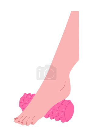 Foot roller exercise, myofascial release - flat vector illustration isolated on white background. Leg stretching on spiky foam roller. Self massage and rehabilitation. Pilates and yoga equipment.