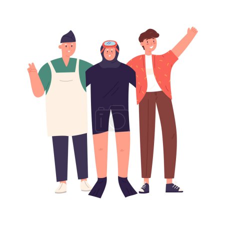 Ilustración de People of Korean Jeju island greeting tourists, flat vector illustration isolated on white background. Haenyeo fisher woman, young man and market seller waving and welcoming. - Imagen libre de derechos
