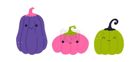 Photo for Set of cute smiling pumpkins, hand drawn cartoon flat vector illustration isolated on white background. Childish Halloween characters. Cheerful pumpkin. - Royalty Free Image