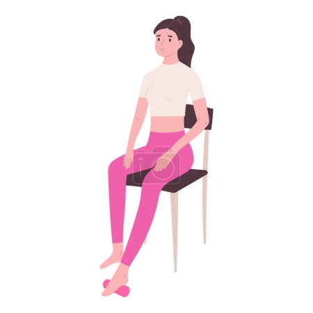 Illustration for Woman sitting and exercising with foot roller - flat vector illustration isolated on white background. Smart fitness workout. Yoga and pilates equipment. Physiotherapy and rehabilitation. - Royalty Free Image