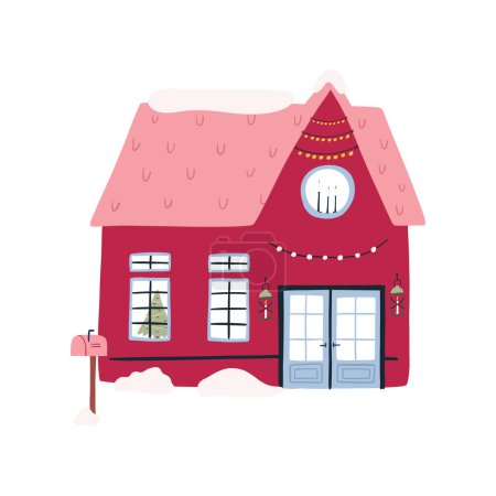 Photo for Cute winter holiday house, cartoon flat vector illustration isolated on white background. Pink house with decorated Christmas tree and fairy lights. Hand drawn building in snow. - Royalty Free Image