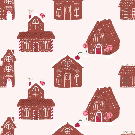 Photo for Hand drawn gingerbread house seamless pattern, cartoon flat vector illustration on beige background. Various cute gingerbread houses with icing decoration. Traditional Christmas element. - Royalty Free Image