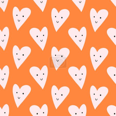 Photo for Valentine's day seamless pattern with cute heart, flat vector illustration on yellow background. Hand drawn heart with cheerful smiling face. Funny background. - Royalty Free Image