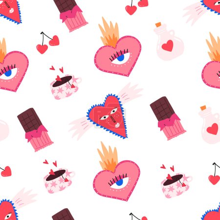 Photo for Valentine's day seamless pattern, hand drawn flat vector illustration on white background. Quirky and funky love elements - heart with face and wings, chocolate bar, cup of tea and magic love potion. - Royalty Free Image