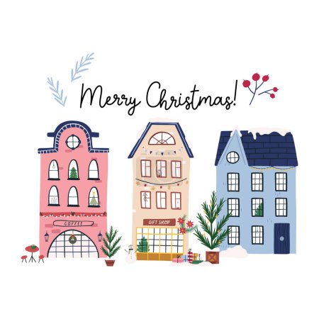 Photo for Merry Christmas greeting card with cute hand drawn houses, flat vector illustration isolated on white background. Decorated Christmas buildings in city, Christmas tree, fairy lights and snow. - Royalty Free Image