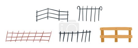 Photo for Hand drawn fences set, cartoon flat vector illustration isolated on white background. Various fences for garden and city exterior. Farm and countryside elements. - Royalty Free Image