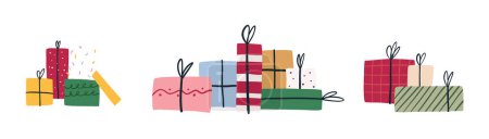 Photo for Set of hand drawn gift boxes piles, cartoon flat vector illustration isolated on white background. Stacks of cute Christmas or birthday holiday presents. Viva magenta color. - Royalty Free Image