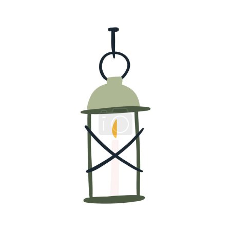 Photo for Retro lantern with burning candle, hand drawn flat vector illustration isolated on white background. Cute cartoon lamp. House patio decoration and lighting. - Royalty Free Image
