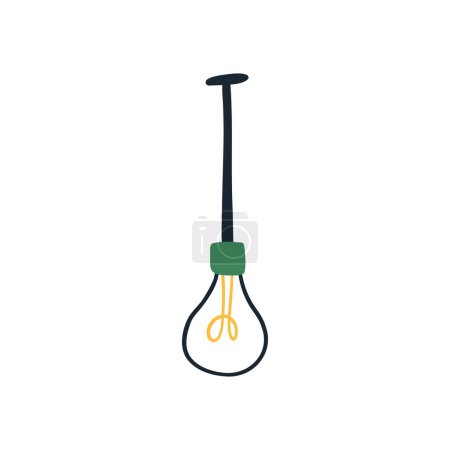 Photo for Lamp bulb hanging on ceiling, cartoon flat vector illustration isolated on white background. Cute hand drawn lighting equipment. House decoration and interior element. - Royalty Free Image