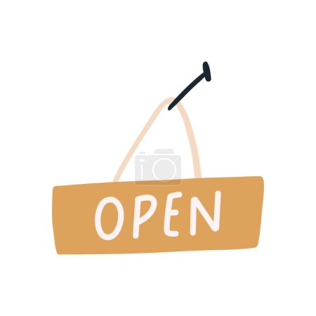 Photo for Open sign board hanging on nail, hand drawn flat vector illustration isolated on white background. Cafe, restaurant or store element for door. - Royalty Free Image
