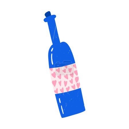 Photo for Hand drawn wine bottle with hearts on label. cartoon flat vector illustration isolated on white background. Symbol of love and Valentines day. Drawing with grunge texture. - Royalty Free Image