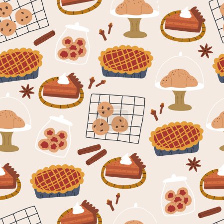 Photo for Baked goods - seamless pattern on beige background. Cute and cozy autumn pastry - pumpkin pie, cookies on oven tray and in jar, croissant, apple pie. - Royalty Free Image