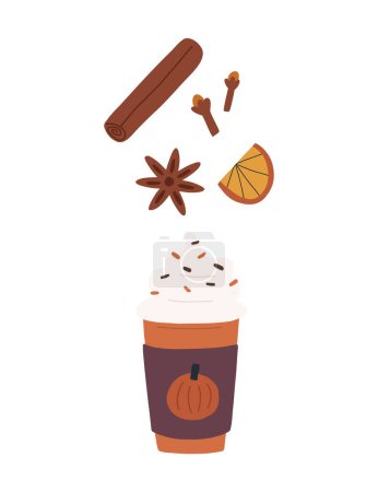 Photo for Pumpkin spice latte in to go cup with ingredients, cartoon flat vector illustration isolated on white background. Hand drawn coffee drink with whipping cream, cinnamon stick, star anise and clove. - Royalty Free Image
