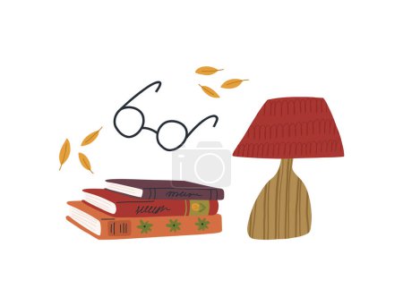 Photo for Cozy autumn reading, cartoon flat vector illustration isolated on white background. Cute hand drawn pile of books, old lamp, reading glasses and yellow leaves. - Royalty Free Image