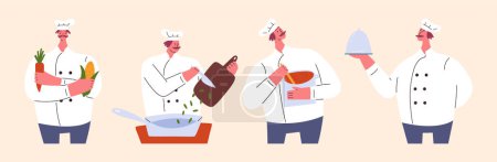 Photo for Set of cartoon character cooking food, flat vector illustration isolated on yellow background. Professional chef cutting, frying, stirring and serving meal in restaurant or catering service. - Royalty Free Image