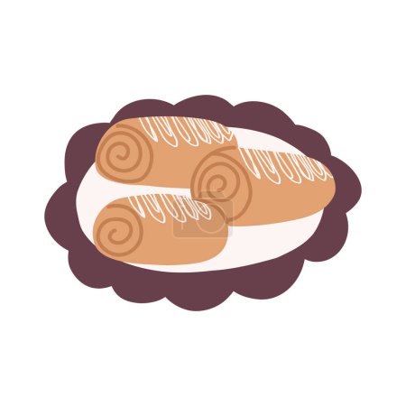 Illustration for Hand drawn cinnamon rolls on plate, cartoon flat vector illustration isolated on white background. Cute cinnabons in simple drawing style. Concepts of bakery, sweet food and pastry. - Royalty Free Image