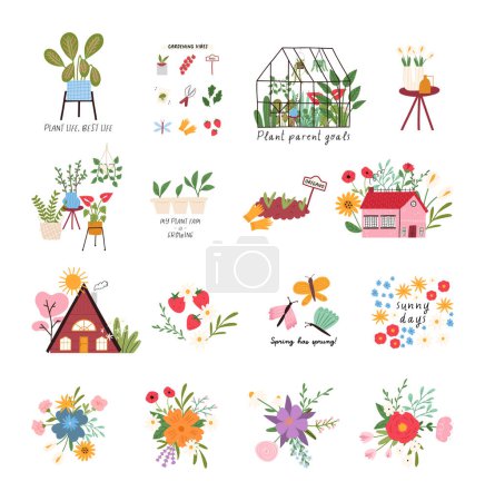Photo for Set of cute spring compositions in cartoon flat style, vector illustration isolated on white background. Hand drawn spring prints - houseplants, greenhouse, houses, flower bouquets. - Royalty Free Image