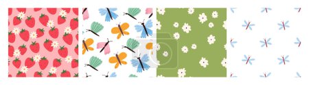 Photo for Set of colorful spring and summer seamless patterns, cartoon flat vector illustration. Cute strawberry, butterflies, daisy flowers and dragonfly backgrounds. - Royalty Free Image