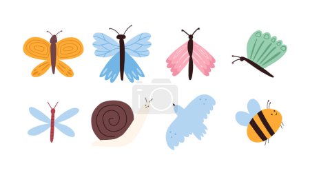 Set von frühlingshaften Insekten und Tieren im Cartoon-Flachstil, Vektorillustration isoliert auf weißem Hintergrund. Niedliche handgezeichnete Schmetterlinge, Libellen, Schnecken, Vögel und Bienen. Einfach naive Kunst.