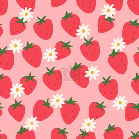 Photo for Cute strawberry pattern, cartoon flat vector illustration on pink background. Colorful seamless pattern with berries and flowers. Spring and summer background. - Royalty Free Image