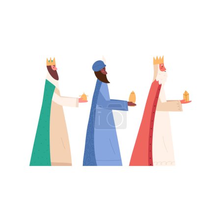 Trois sages marchant avec des cadeaux pour Jésus-Christ, illustration vectorielle plate dessin animé isolé sur fond blanc. Scène de Noël, Célébration de Noël. Trois rois ou mages bibliques.