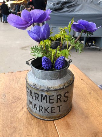Téléchargez les photos : Fleurs violettes en boîte de fer sur table en bois - en image libre de droit