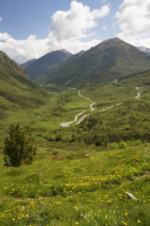 Téléchargez les photos : Montagnes boisées vertes, pentes douces et belles vallées traversées par des sentiers de randonnée en Andorre - en image libre de droit