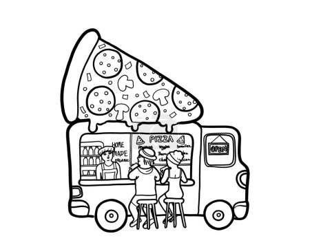 A street food truck with a vendor selling pizza to customers. Outdoor take away food and small business concept.