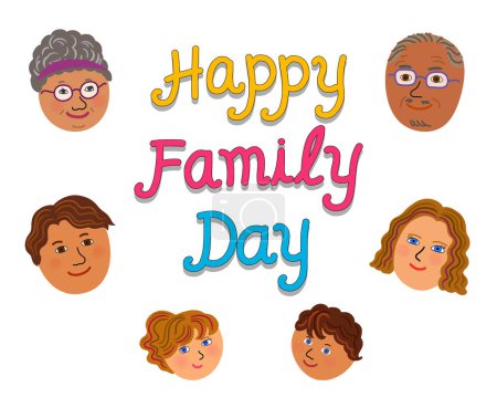 Photo for A multi-ethnic, diversity group of family celebrate family day together. Illustration and handwritten word on white background. - Royalty Free Image