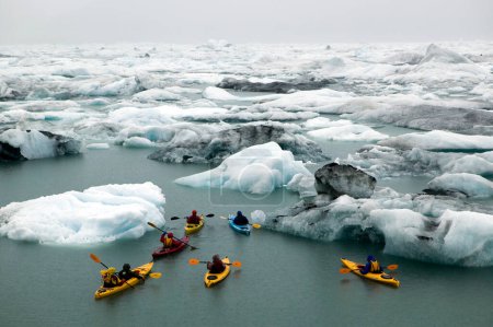 Photo for Prince William Sound, Alaska - August 17, 2009: A group of ecotourism tourists kayaking amongst the bergy bits near Whittier in Prince William Sound, Alaska. - Royalty Free Image