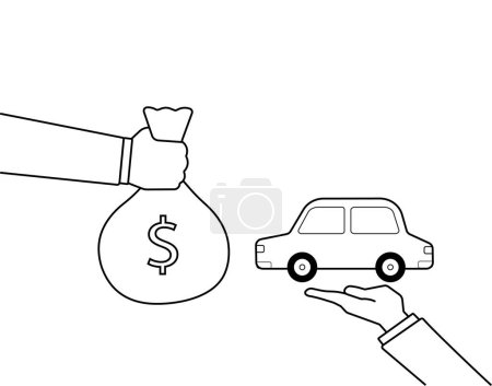Hand eines Käufers gibt Geldbeutel an einen Autohändler. Autokredit oder Fahrzeugkonzept.